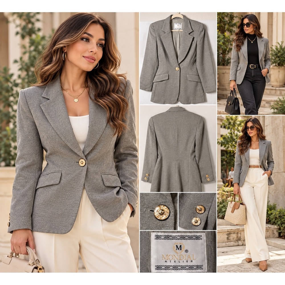 Mondial Atelier Gray Tailored Blazer Ornate Gold Button Cinched Waist Size 8/38